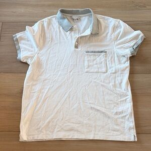 Club Monaco Mens Large White Pique Polo Shirt Grey Trim Short Sleeve Pocket